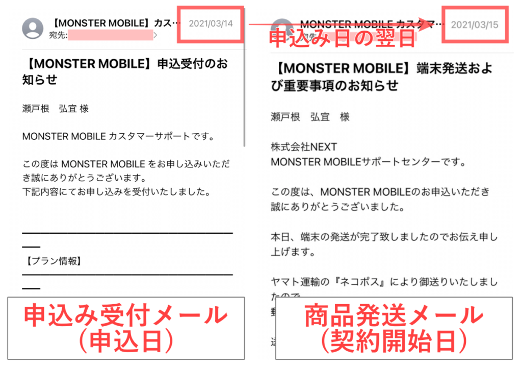 MONSTERMOBILEの申込み完了通知＆端末発送通知