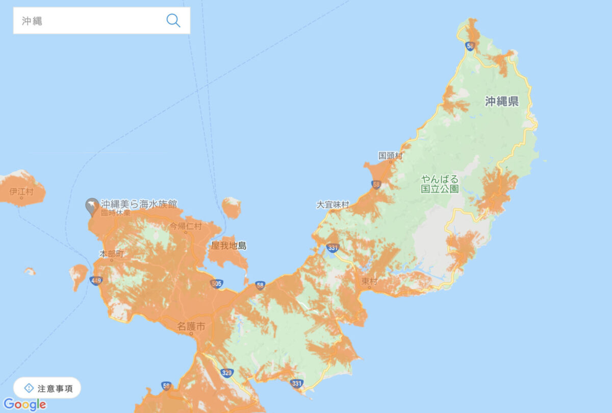 WiMAXのエリア（沖縄北部）