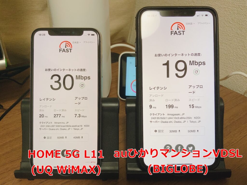 WiMAX+5G（L11）とauひかりマンションVDSLとの速度比較