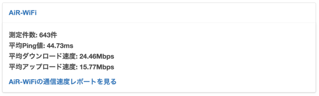 AiR-WiFi 平均通信速度（2024年1月22日時点）